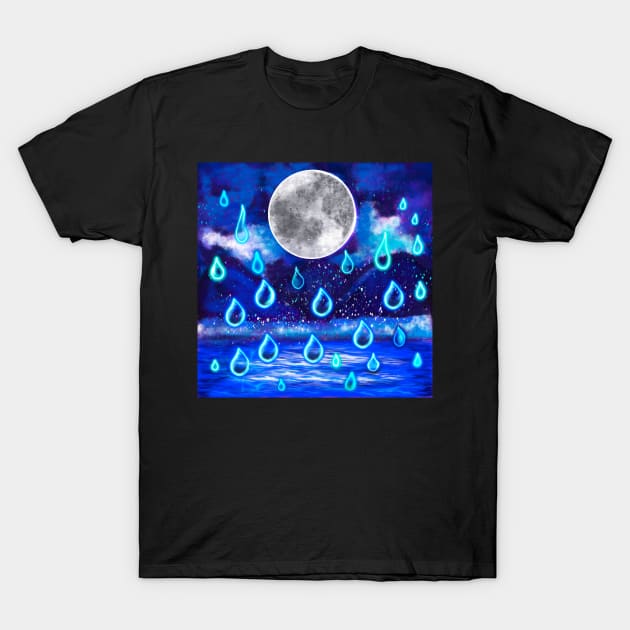 Blue Moon at midnight - Full moon in the rain, midnight landscape with raindrops falling into Water T-Shirt by Artonmytee